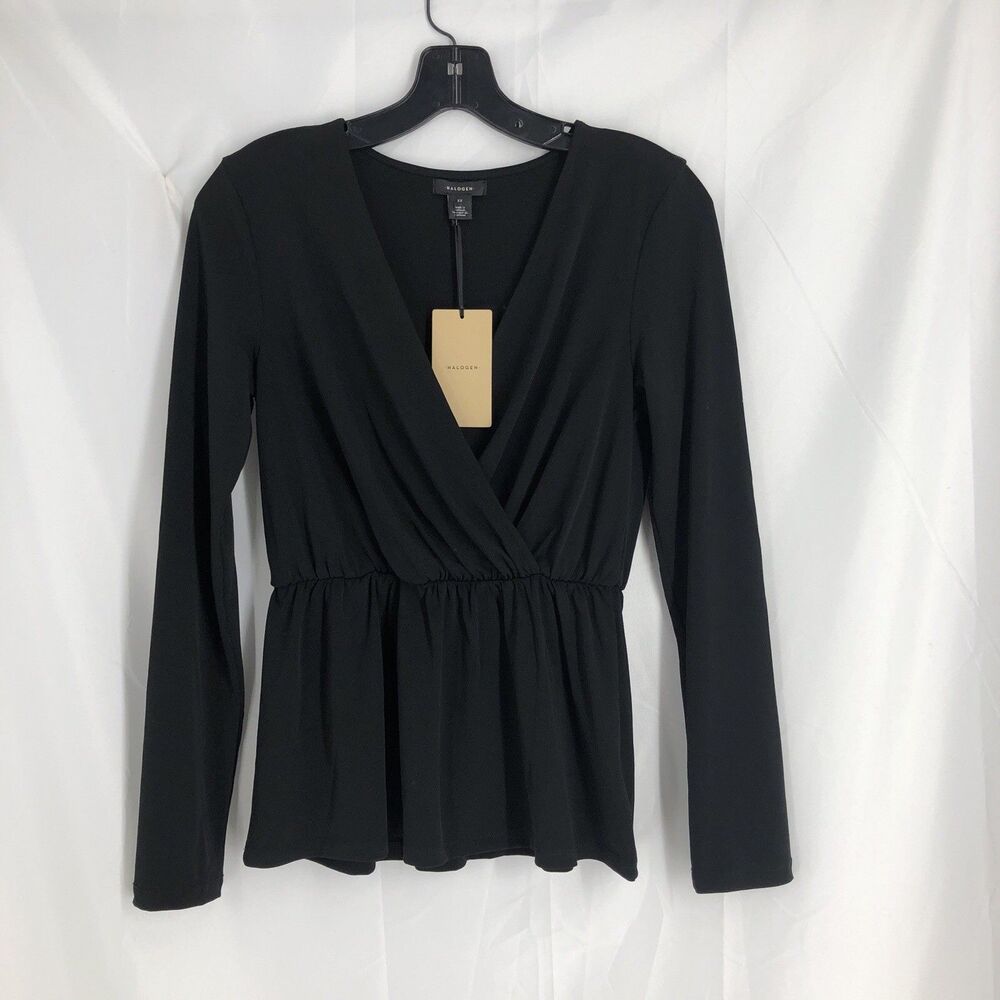 Halogen Blouse Black Cross Front V Neck Stretch Classic Size XS New w Tags